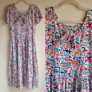 Vintage 90s Graphics Cotton Knit Petite Sophisticate Multicolor Abstract Dress M